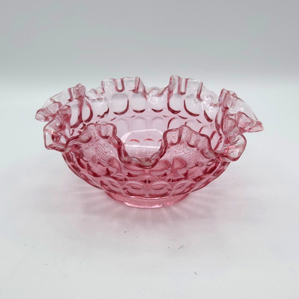 Vintage Fenton Pink Ruffled Edge Thumbprint Footed Bowl 8"